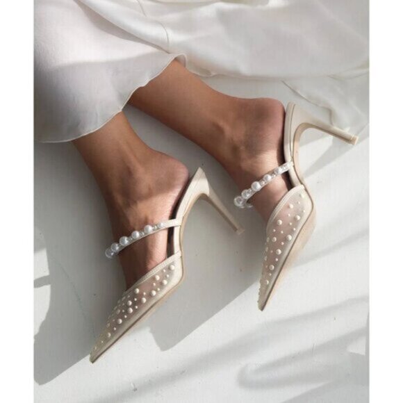 DOLCE VITA Katik Imitation Pearl Pointed Toe Pump (Women) in Ivory Mesh US 8.5 - Picture 1 of 15